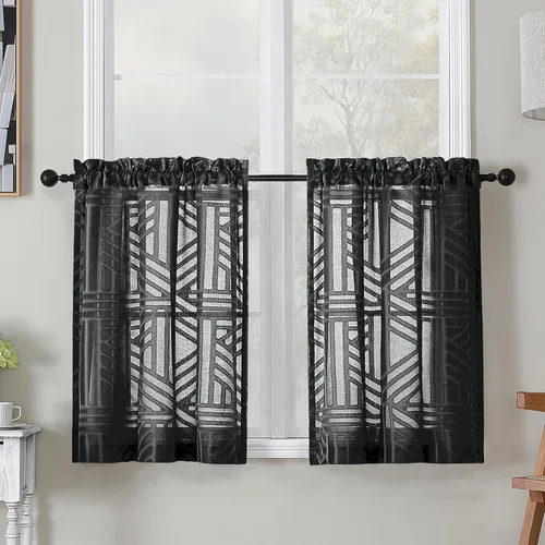 Vista 97 de Simplebrand Cortinas traslúcidas negras de cocina de 24 pulgadas de largo, 2 paneles, filtrado de luz, geométrico jacquard con textura, cortinas