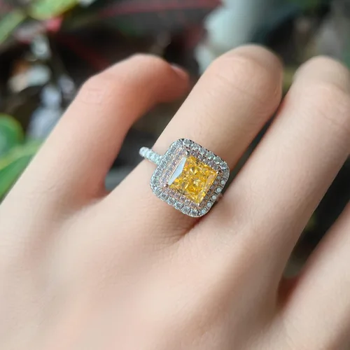 Vista 5 de DovEggs Anillo de compromiso de plata de ley PT950 con estampado de diamantes de imitación para mujer, 2 quilates, 0.276 x 0.276 in, amarillo