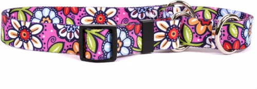 Vista 4 de Amarillo diseño de perro Martingale Collar, Grande, Marrón Flores rosa y verde azulado