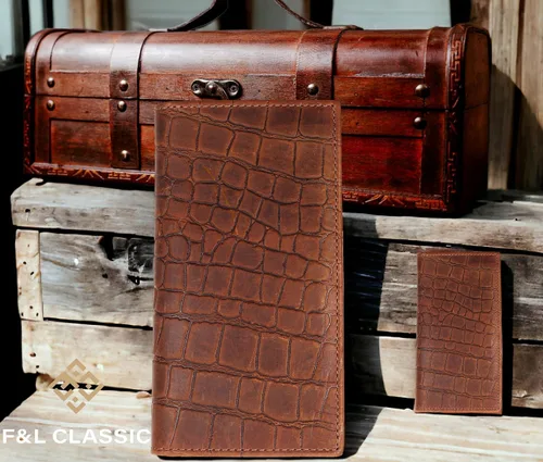 Vista 6 de F&L CLASSIC Billetera larga plegable de cuero genuino RFID para hombre, Estilo cocodrilo marrón