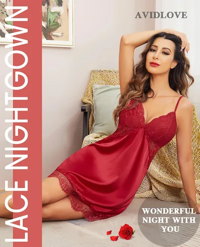 Vista 3 de Avidlove Camisón de seda para mujer, ropa de dormir sexy de encaje, sin mangas, de satén, vestido camisero