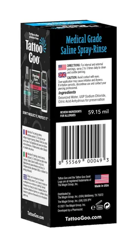 Vista 5 de Tattoo Goo Enjuague en aerosol salino, spray y enjuague para piercings - Limpia de forma segura con cloruro de sodio 99.9% - 2 onzas