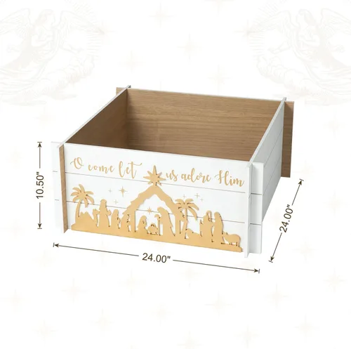 Vista 4 de Glitzhome Collar de árbol de madera, cubierta de base de árbol de Navidad, collares de árbol de Navidad para árboles artificiales, escena