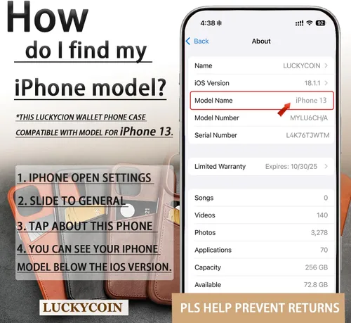 Vista 2 de LUCKYCOIN Funda de piel 100% auténtica tipo cartera para iPhone 13, diseño delgado con tarjetero y funda protectora a prueba de golpes, forro