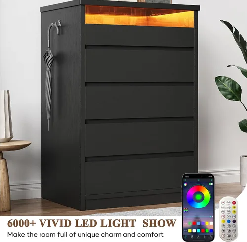 Vista 6 de Jocoevol - Cómoda más grande negra de 5 cajones para dormitorio con luz LED, cómoda moderna de madera con tiradores ocultos, cómoda alta para sala