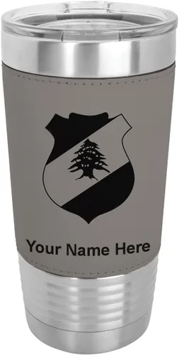Vista 9 de LaserGram 20oz Vacuum Insulated Tumbler Mug, Coat of Arms Lebanon, Personalized Engraving Included (Faux Leather, Baseball Style)