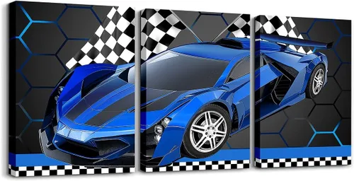 Vista 30 de Feelyou Cuadro azul de carreras para pared, 12 x 16 pulgadas, 3 piezas de autos deportivos de velocidad, lienzo para decoración de pared, diseño