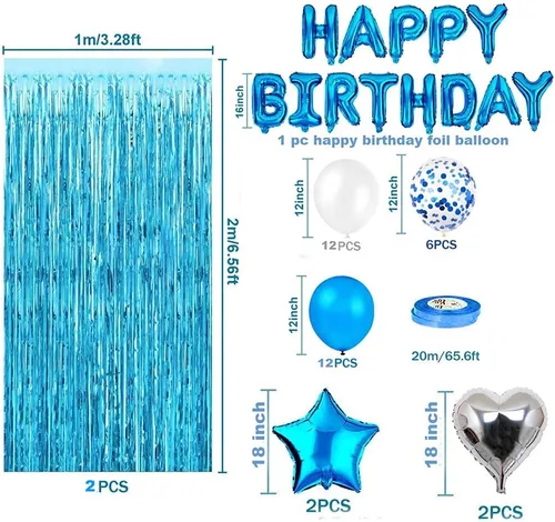 Vista 2 de Morofme Juego de decoraciones de fiesta de cumpleaños azul con 38 globos, confeti, globos de aluminio, cortinas con flecos para eventos temáticos