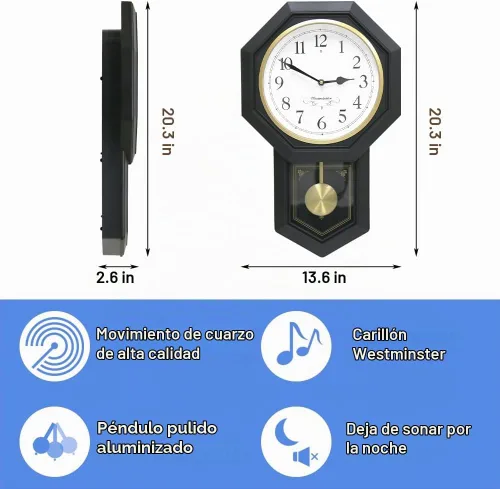 Vista 2 de BESTIME Reloj de péndulo de plástico 66236. Timbre Westminster cada hora, elegante, tradicional, hogar, oficina, sala de estar, dormitorio