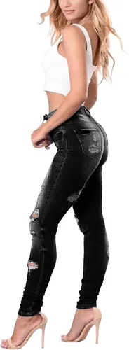 Vista 37 de KUNMI - Pantalones de mezclilla clásicos de cintura alta para mujer, elásticos, con efecto de levantamiento de glúteos, ajustados