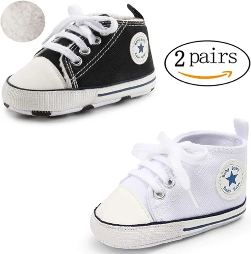 Vista 5 de KIDSUN - Zapatos deportivos unisex de caña alta para bebés, mezclilla de lona, suela antideslizante, suaves, para los primeros pasos