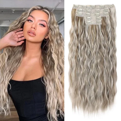 Vista 25 de REECHO Extensiones de cabello con clip, 5 piezas, de 24 pulgadas, de color rubio ceniza, extensiones de cabello con ondas largas y sueltas, HE002