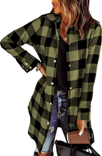 Vista 9 de EVALESS Chamarra Shacket de Cuadros con Bloques de Color para Mujer, Ropa de Otoño, Conjuntos de Moda 1b marrón