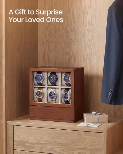 Vista 6 de SONGMICS Caja de reloj, vitrina vertical de 6 ranuras, chapa de madera Marrón café