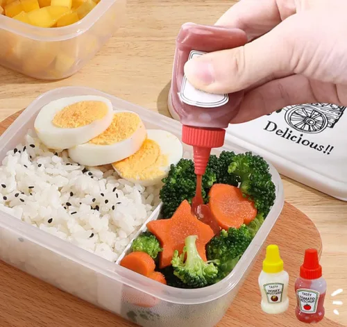 Vista 3 de 4 mini botellas exprimibles para condimentos con cepillo de limpieza, 0.8 fl oz a prueba de fugas, mini botellas de salsa de tomate