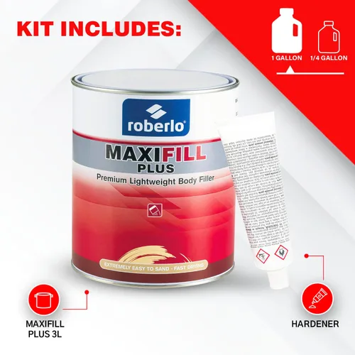 Vista 3 de Roberlo Maxifill Plus Premium - Relleno ligero de carrocería de 3 litros + endurecedor - Fácil de lijar, alta capacidad de dispersión