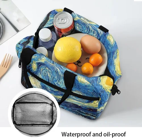 Vista 4 de doginthehole Bolsa de almuerzo de noche estrellada para mujeres y niñas, bolsa de almuerzo con correa ajustable para el hombro con estampado