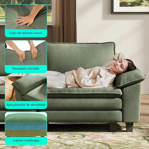 Vista 3 de LINSY HOME Sofá Seccional Modular de 123'' Sofá Verde de Pana Nube para Sala de Estar, Sofá en Forma de L con Otomana Móvil, Sofás Seccionales
