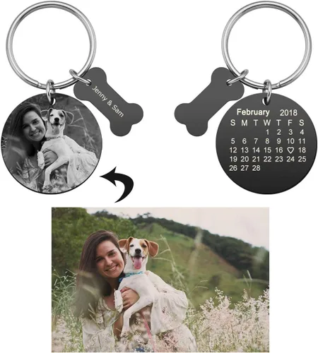 Vista 3 de PiercingJ Llavero de acero inoxidable personalizado con fotos y calendario, grabado con foto, regalo conmemorativo para mascotas, placa redonda