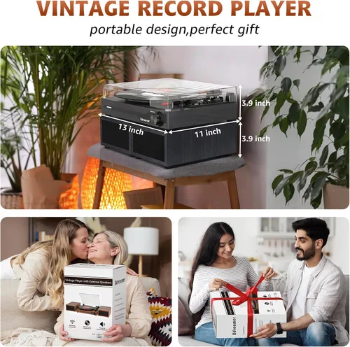 Vista 5 de Reproductor de discos de vinilo con altavoces, tocadiscos portátil Bluetooth para discos de vinilo, fonógrafo LP con reproductor de 3 velocidades