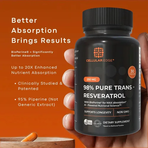 Vista 4 de Trans-resveratrol 250 mg (≥98% puro) con BioPerine® Fabricado en Estados Unidos Probado por terceros Apoyo a la salud celular y longevidad
