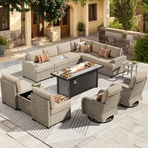 Vista 72 de HOOOWOOO Juego de Muebles Seccionales para Patio al Aire Libre, 6 Piezas Juegos de Conversación de Mimbre Sofá en Forma de L, Sofá Extra Profundo