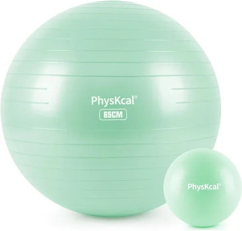 Vista 28 de PhysKcal Pelota de yoga para ejercicio, set de pilates, pelota de fitness de 4 tamaños para entrenamiento, parto, embarazo, terapia física - Bomba