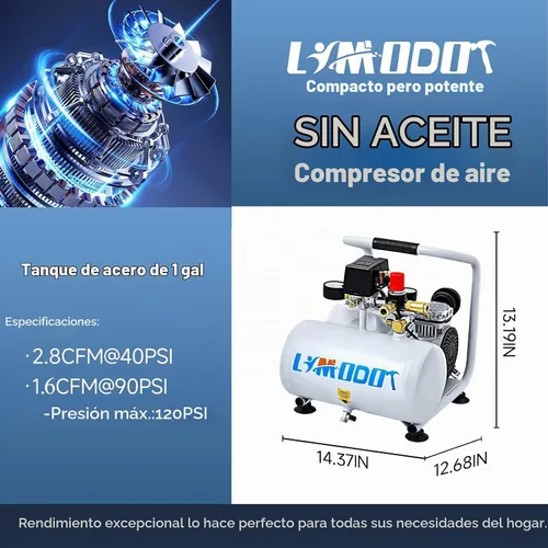 Vista 6 de Compresor de aire eléctrico sin aceite silencioso, 68 dB, tanque de aire de 1 galón