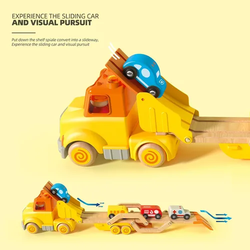 Vista 3 de Juguetes de autos para niños pequeños de 2, 3, 4, 5 años, juguete de camión transportador con 4 vehículos de madera, remolque de pista plegable