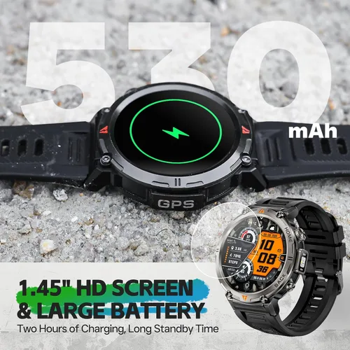Vista 6 de Reloj inteligente militar para hombre, reloj GPS con linterna, brújula 3ATM, impermeable, resistente, táctico, inteligente, Bluetooth, 1.45