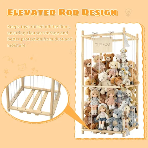 Vista 4 de Organizador de almacenamiento de animales de peluche, soporte de madera para juguetes de zoológico para habitaciones, salas de juegos y dormitorios