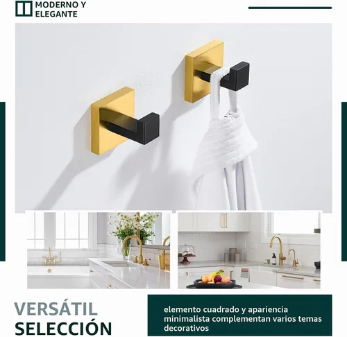 Vista 2 de Angle Simple Gancho para toallas, negro y dorado, paquete de 2, gancho para abrigos de acero inoxidable 304, gancho para bata de baño