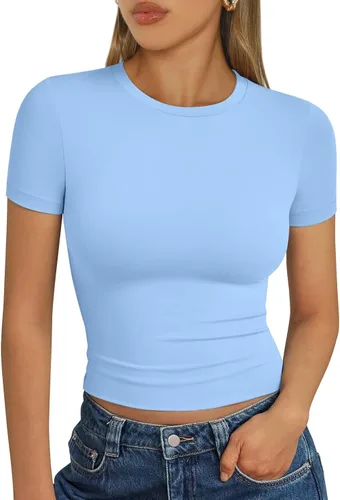 Vista 27 de Trendy Queen - Camisetas básicas para mujer, camisetas de verano 2025, de manga corta, ajustadas, para gimnasio, entrenamiento, ropa estilo Y2K