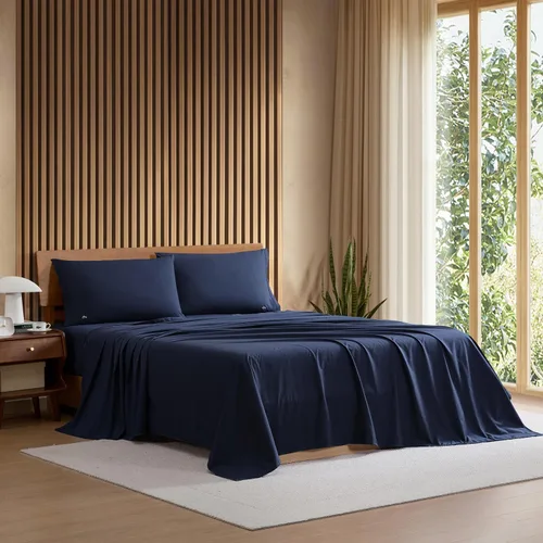 Vista 21 de Lacoste Juego de sábanas de 3 piezas 100% percal de algodón, frescas, crujientes, mate y duraderas, con certificación Oeko-Tex, color liso, azul