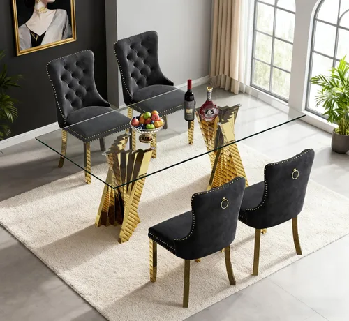 Vista 51 de Juego de mesa de comedor de cristal dorado de 5 piezas, 70 pulgadas, rectangular, moderna, para cocina y comedor, juego para 4, mesa de comedor