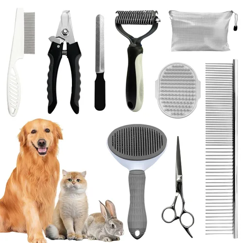 Vista 17 de Solución Completa de Aseo para Mascotas de Aiolpy - Kit de 9 Piezas con Cepillo Slicker, Herramienta Antinudos y Peine de Aseo para Todas las Razas