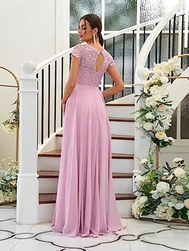 Vista 2 de Minrenfun Vestido de encaje de gasa para madre de la novia para boda, acampanado, manga tapada, vestidos de noche formales con bolsillos