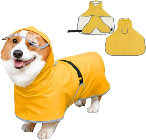 Vista 8 de Chaqueta de lluvia para perros con capucha para mascotas pequeñas, impermeable con tira reflectante, correa ajustable para la protección