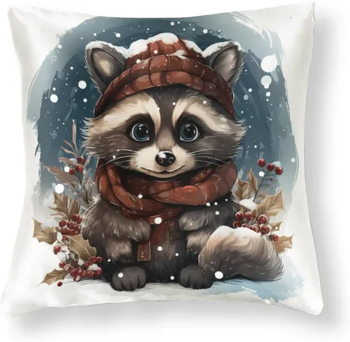 Vista 8 de Almohadas grandes para sofá de 16 x 16 pulgadas, diseño de mapache de dibujos animados, Navidad, nieve, invierno, cuadradas, de satén, funda