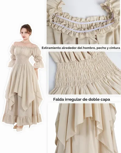 Vista 5 de Vestido renacentista para mujer, vestido victoriano, vestido de novia de Beige