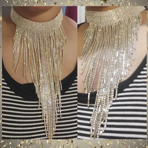 Vista 2 de Flyonce - Collar con diamantes de imitación para mujer, gargantilla con borla estilo pechera, joyería para fiesta formal