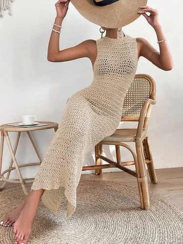 Vista 3 de MakeMeChic Vestido de ganchillo para mujer, vestido largo de playa sin mangas, con huecos, para cubrir el traje de baño