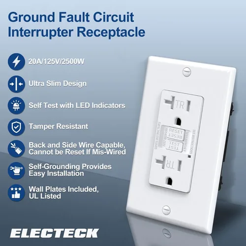 Vista 2 de ELECTECK - Paquete de 10 salidas GFCI de 20 amperios, resistente a manipulaciones (TR), receptáculos GFI de autocomprobación con indicador LED