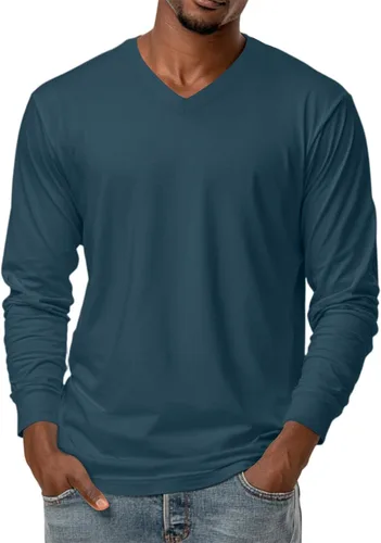 Vista 20 de Camiseta para hombre, manga larga, cuello en V, color liso, informal, básica, suave, elástica, M-3XL