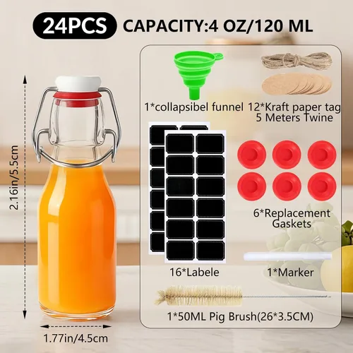 Vista 2 de Ruckae Paquete de 24 botellas de vidrio con tapa abatible de 4 onzas con tapas, botella de vidrio abatible de Kombucha Coquito para jarabe, extracto