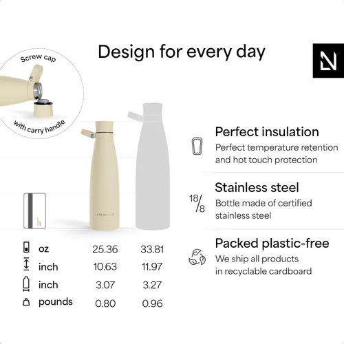 Vista 4 de LARS NYSØM Botella de agua aislada de acero inoxidable de 25 onzas, 34 onzas, frasco térmico aislado para bebidas calientes y frías, botella a Beige