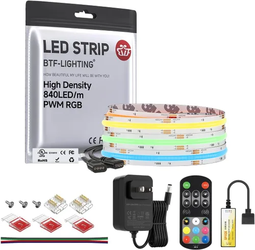 Vista 17 de BTF-LIGHTING FCOB COB - Tira de luz LED RGB con certificación UL, 810 LEDs/m de alta densidad flexible que cambia de color, DC12V 9.8 pies y 0.394