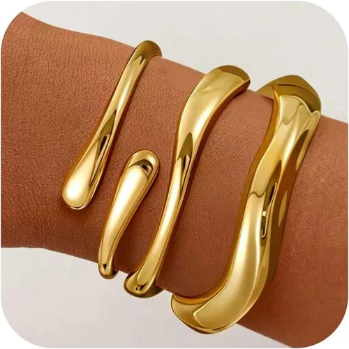 Vista 8 de Brazaletes de oro, para mujer, modernos, chapados en oro de 18 quilates, juego de brazaletes gruesos de oro, no se deslustra, impermeable, regalos