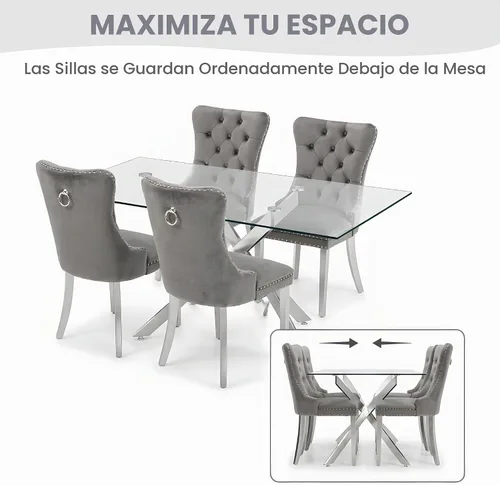 Vista 4 de Juego de mesa de comedor de cristal de 51" para 4, gris Tapa de vidrio templado, patas de metal plateado, sillas de terciopelo, juego de comedor