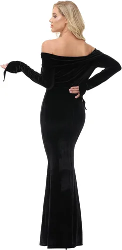 Vista 5 de YAOHUOLE Disfraz de Halloween Addams, disfraz de Pugsley de la familia con hombros descubiertos, vestidos de fiesta S-2XL, Negro